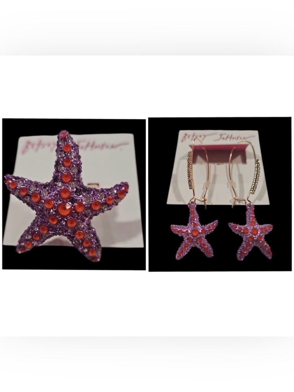 BETSEY JOHNSON SET Mermaid Life Red Crystals Purple Starfish Ring Earrings NWT
